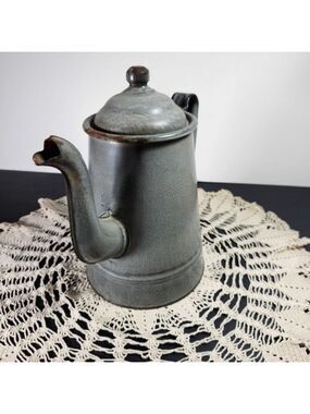 Vintage Graniteware Enamel Coffee Pot Grey Agateware Primitive Farmhouse Decor